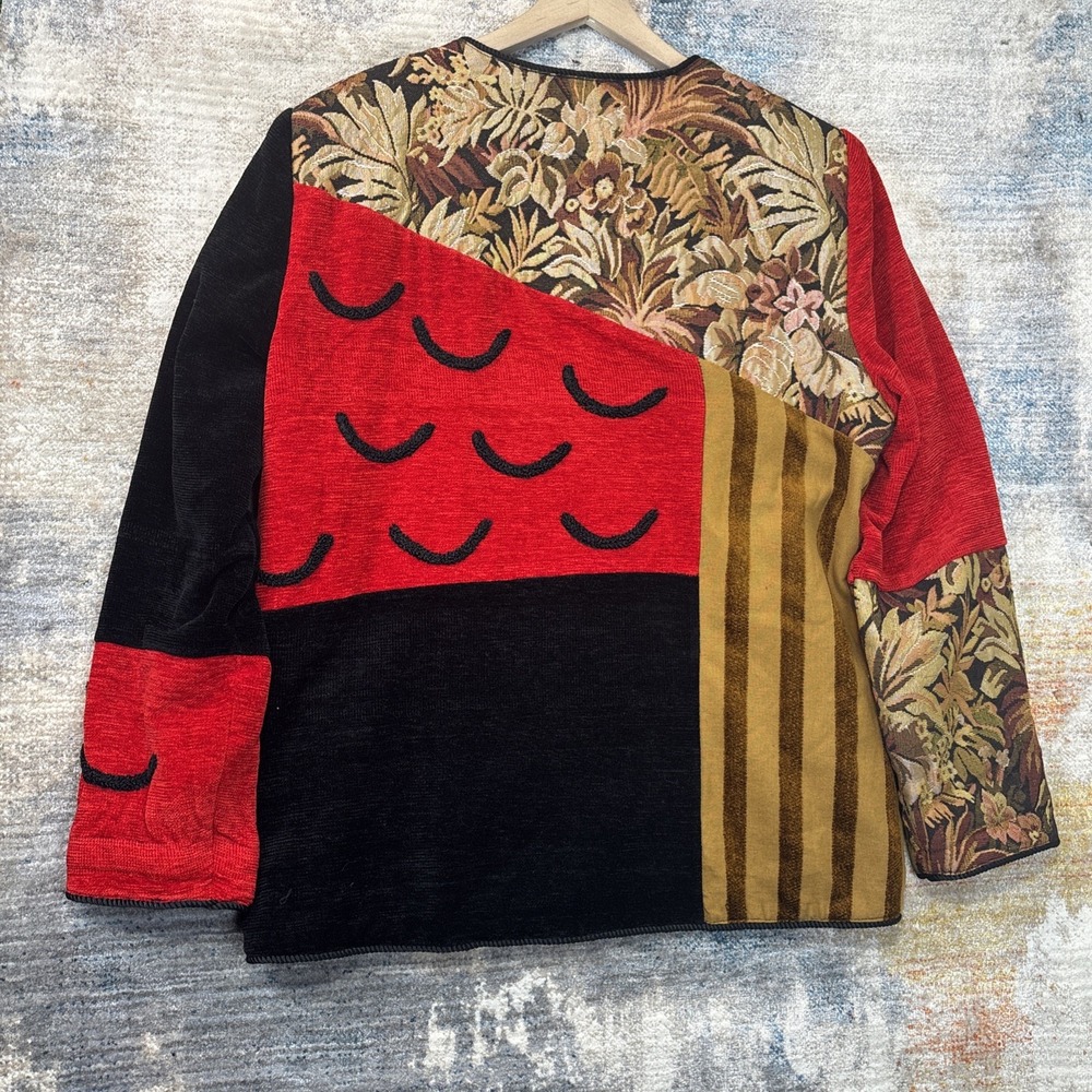 Vintage Allure Red Black Embroidered Patchwork Jacket Womens Large Artsy Classic - Picture 13 of 13